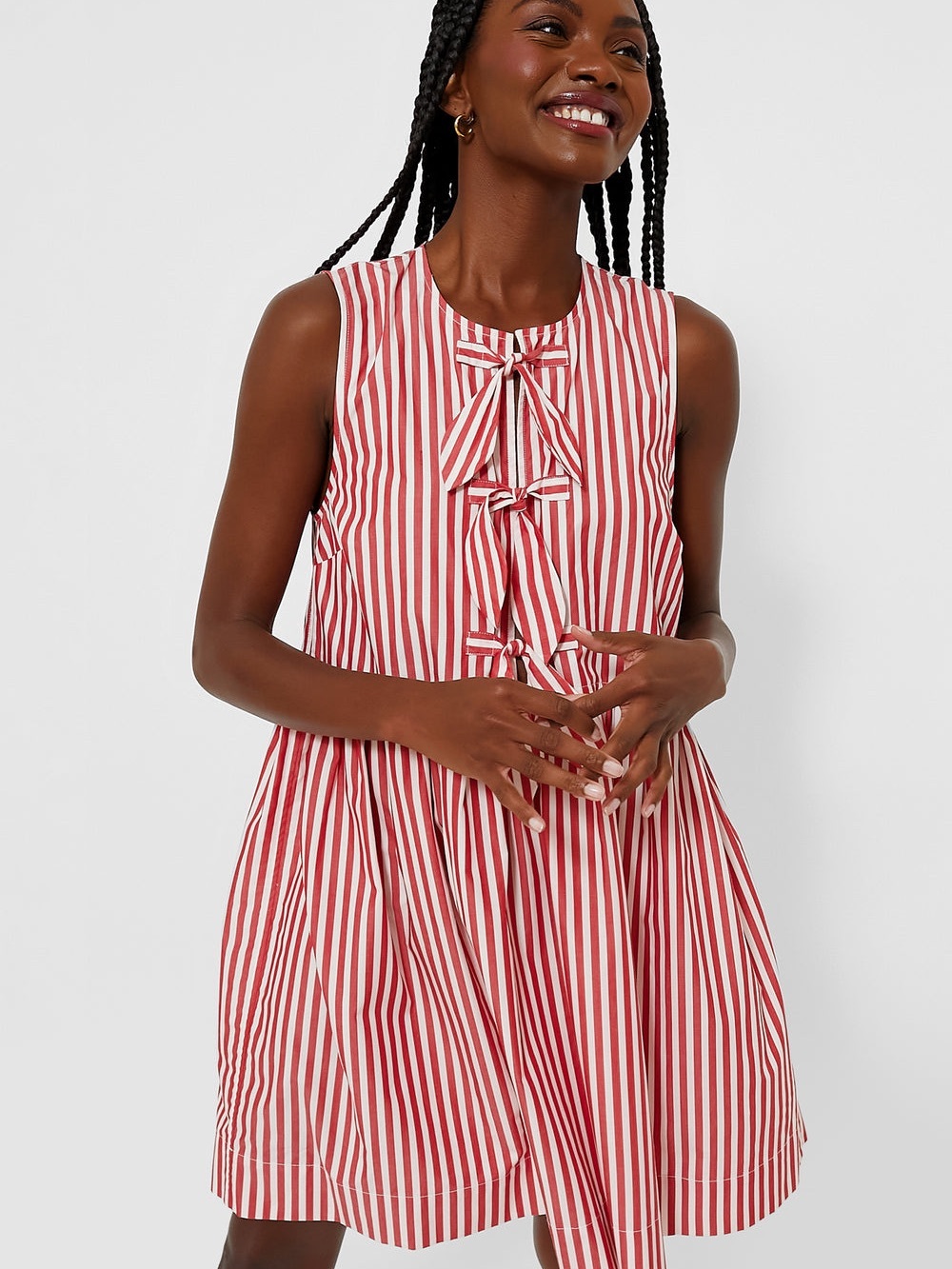 GANNI Cotton Mini Bow Tie Dress in Barbados Cherry Stripe